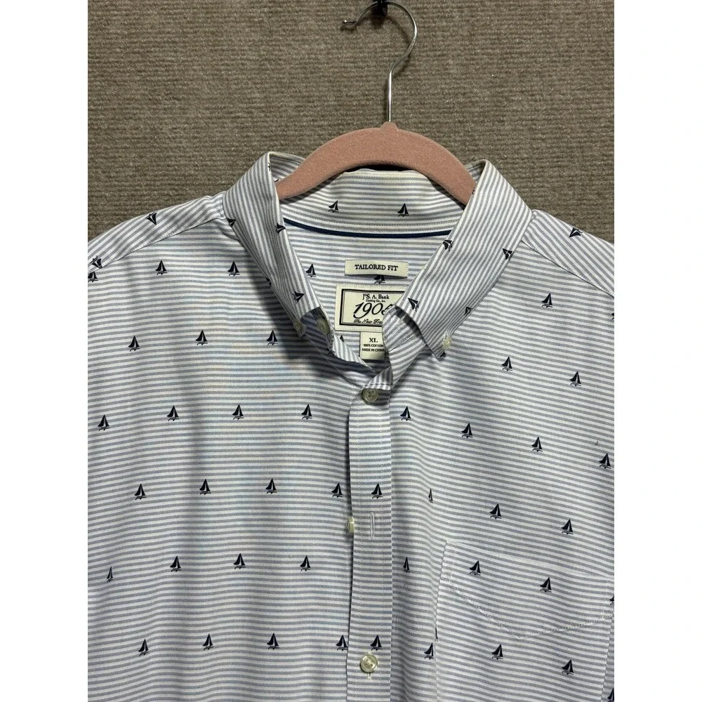 Jos A Bank 1905 Shirt Mens XL Blue White Striped Sailboat‎ Tailored Fit Cotton